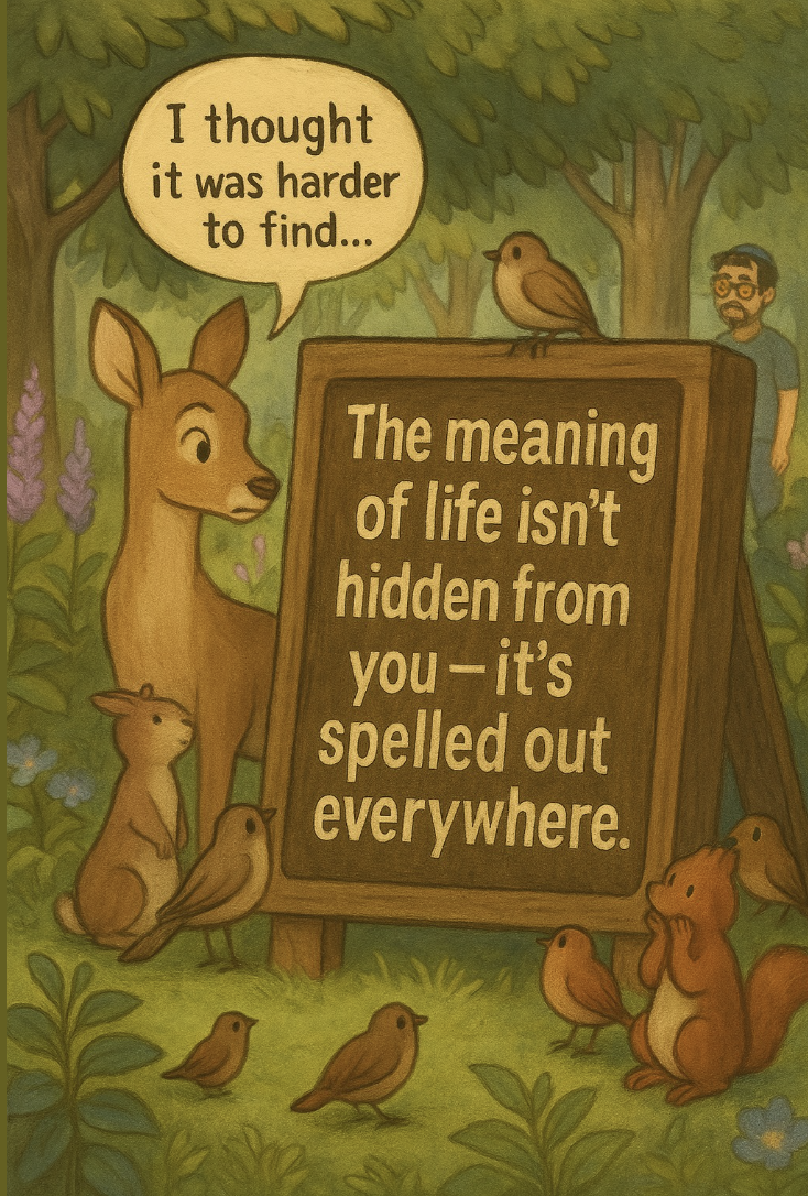 Animals surrounding a sign about the meaning of life