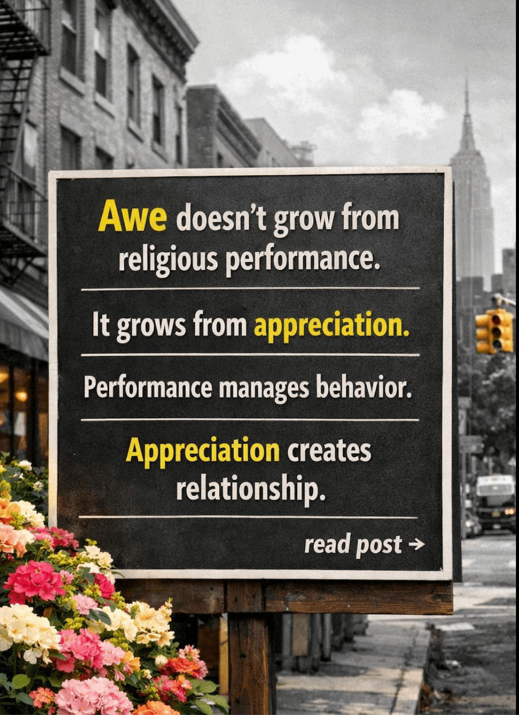Sign about awe growing from appreciation