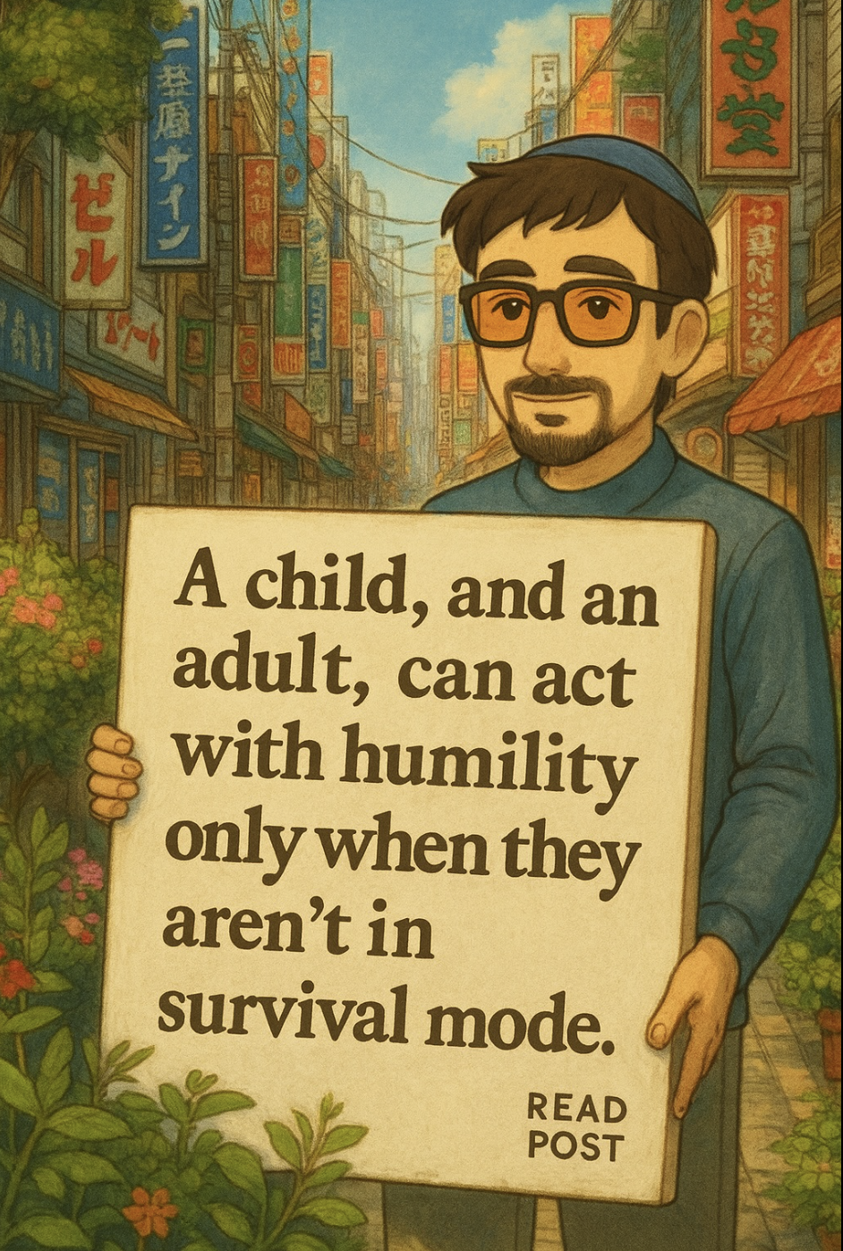 Man holding a sign about a child and adult in survival mode