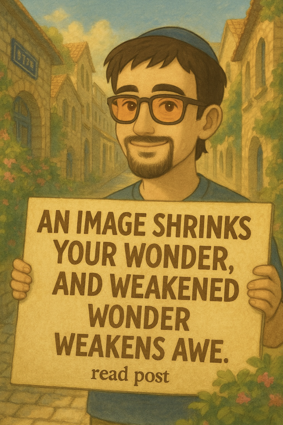 Man holding a sign about how an image shrinks your wonder